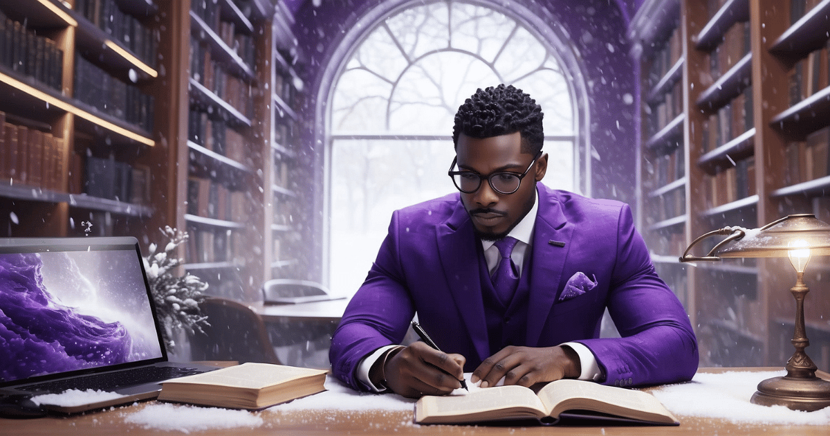 employee wearing a professional office suit, writing a book about his life, inside a purple themed library, oasis