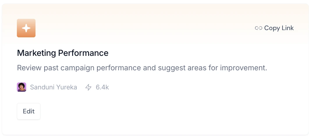 A Fireflies AI Skill card called Marketing Performance that reviews past campaign performance, with an Edit button to open it.