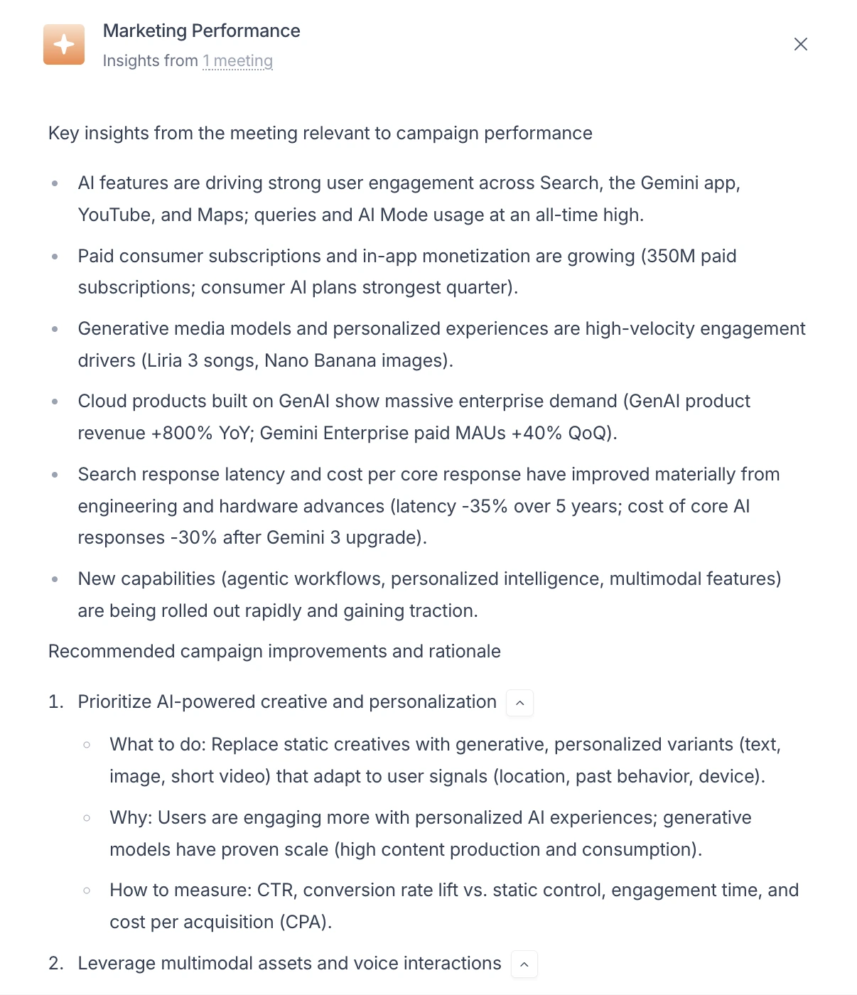 Fireflies AI Skill output titled Marketing Performance showing key insights from one meeting and recommended campaign improvements, with what-to-do, why, and how-to-measure detail for each recommendation.