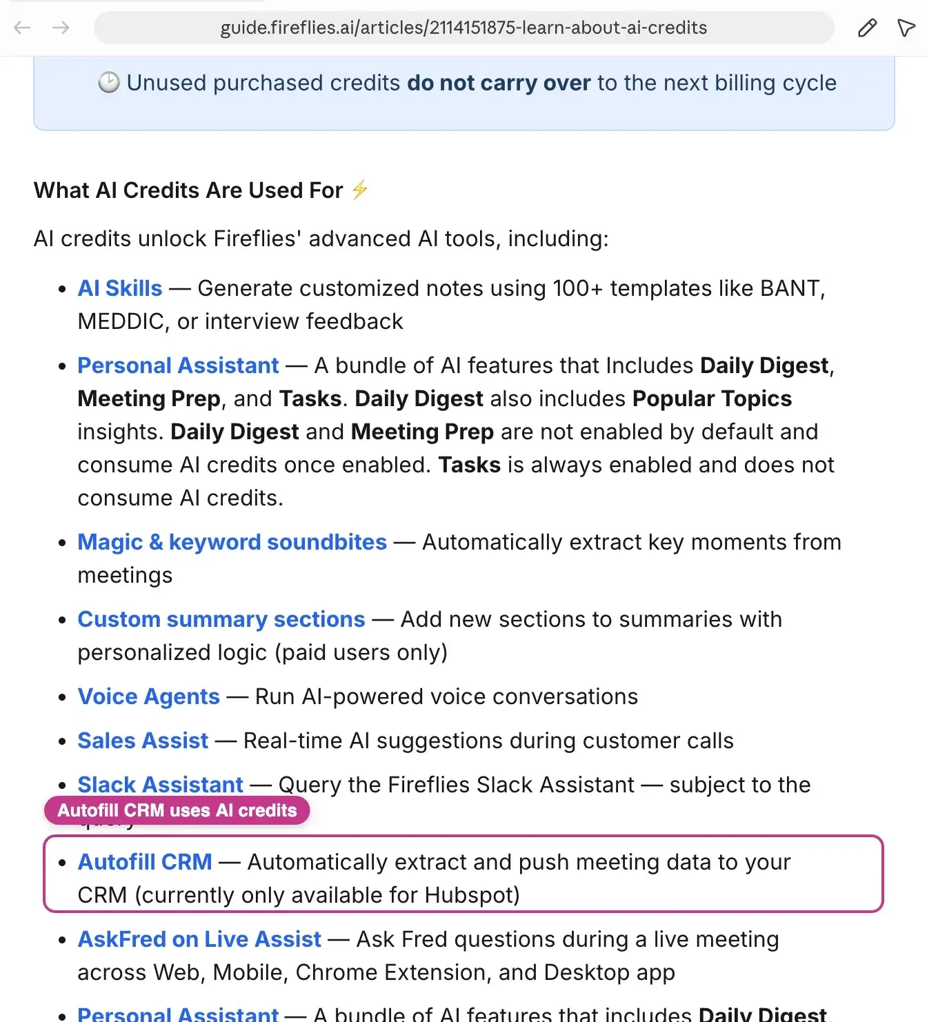 Fireflies help doc listing Autofill CRM among the AI tools that consume AI credits, showing that pushing meeting data to your CRM costs credits.
