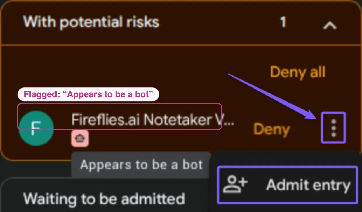 Google Meet admit screen flagging the Fireflies.ai Notetaker as a potential risk that appears to be a bot.