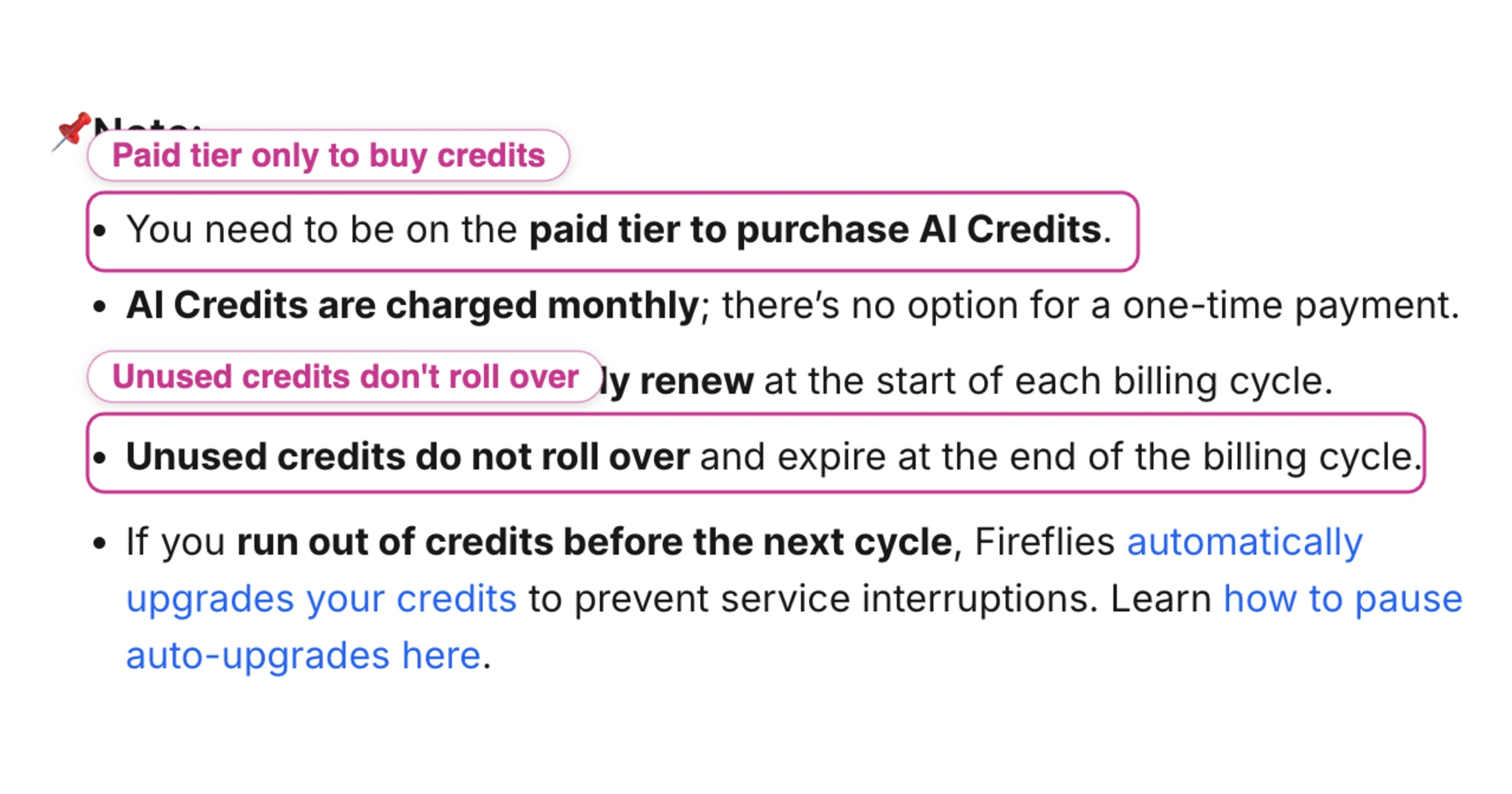 Fireflies notice that you need to be on a paid tier to purchase AI credits, so Free plan users cannot buy more once their 20 credits run out.