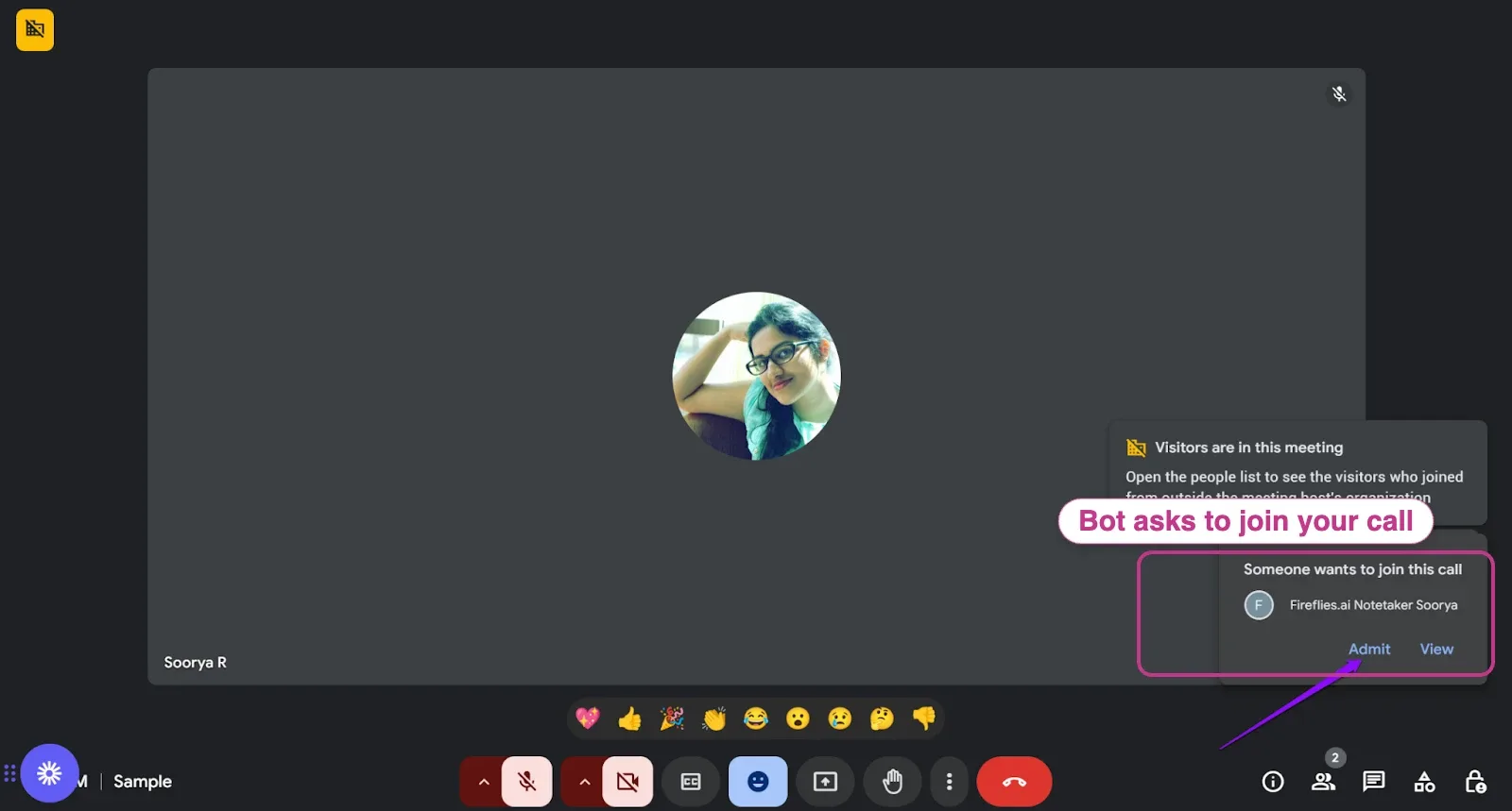 Google Meet prompt showing the Fireflies.ai Notetaker asking to join the call with an Admit button.