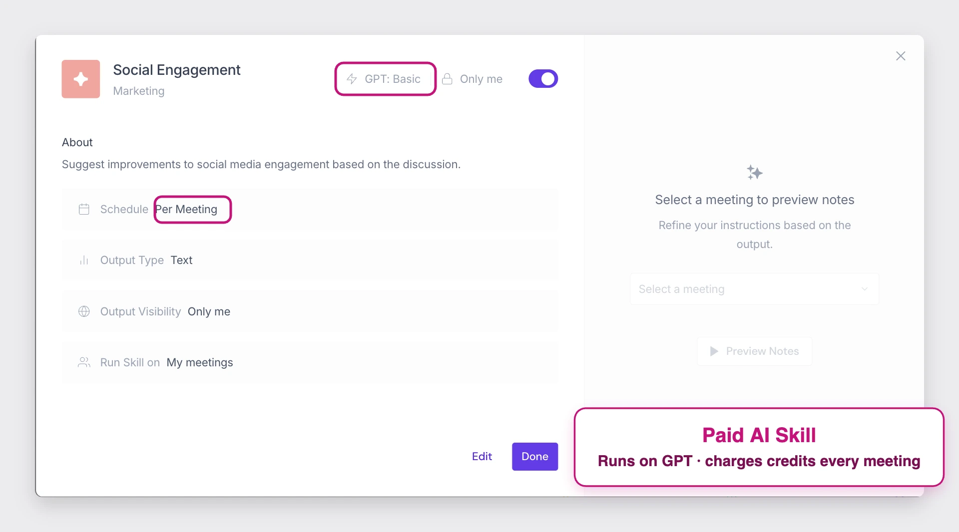 A Fireflies AI Skill setup screen, a "Social Engagement" skill set to run per meeting with a text output, the kind of single-prompt skill that spends AI credits each run.