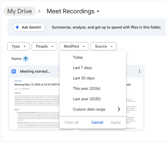 Google Drive Meet Recordings folder showing generic Type, People, Modified, and Source filters with the Modified date dropdown open (Today, Last 7 days, This year), plus the Ask Gemini summarize panel