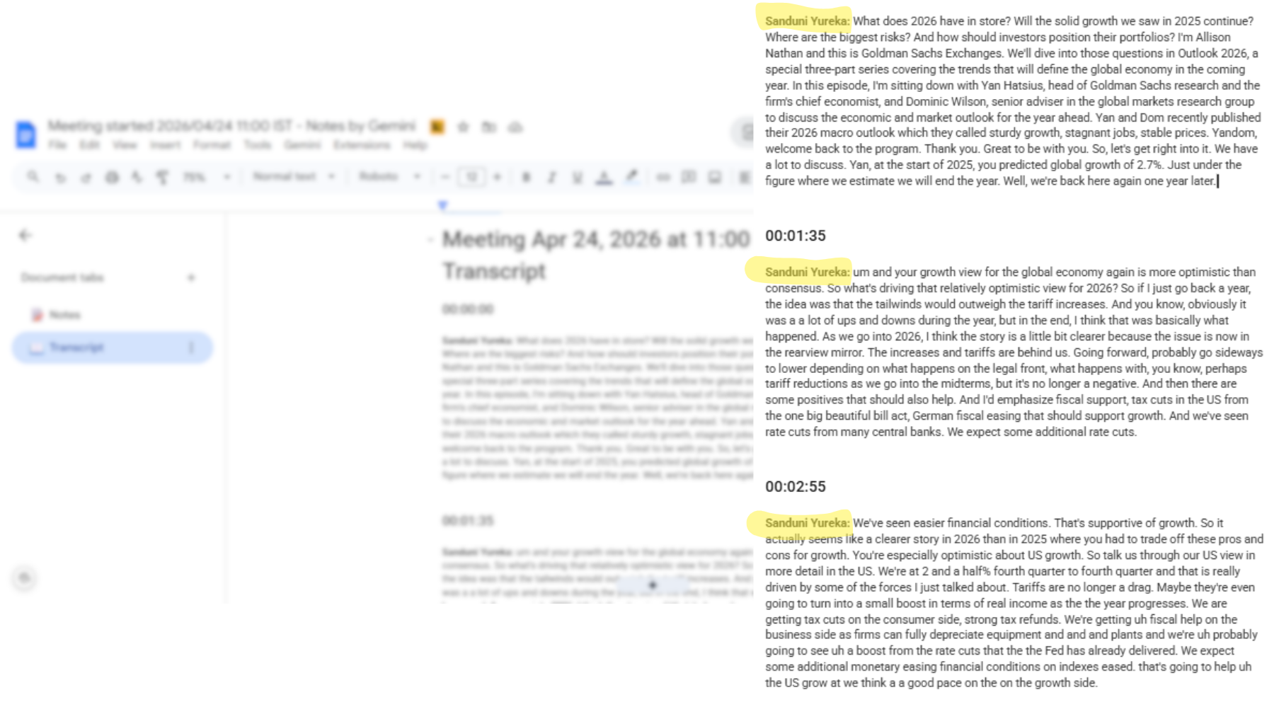 Gemini's transcript attributed every turn of the 3-speaker Goldman Sachs podcast to a single account, with no speaker separation in our in-person test scenario