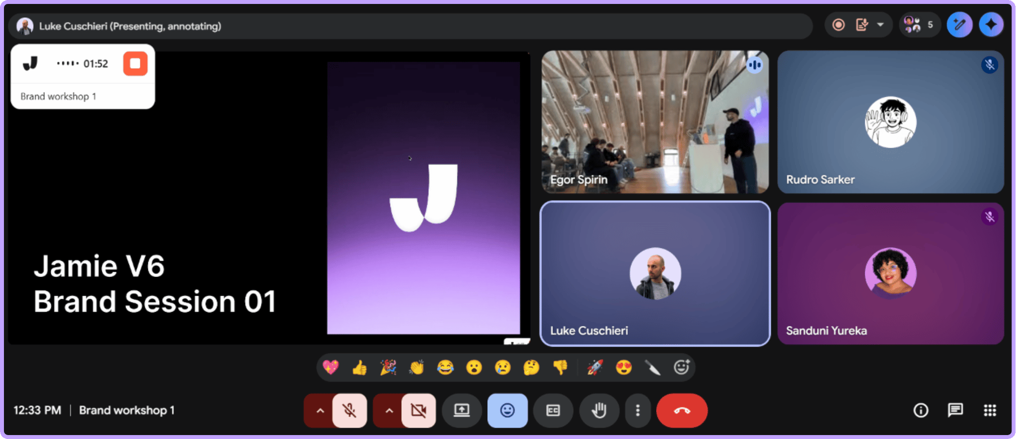 Google Meet for Brand Workshop 1 hybrid test: Luke Cuschieri presents Jamie V6 Brand Session 01 with team in the Berlin workshop room and Rudro and Sanduni dialing in remotely, Jamie recorder running at 01:52