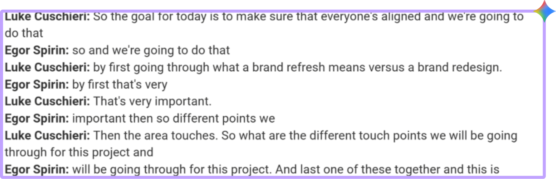Gemini's transcript from our hybrid test, with Luke's continuous presentation split across alternating Luke Cuschieri and Egor Spirin speaker labels mid-sentence