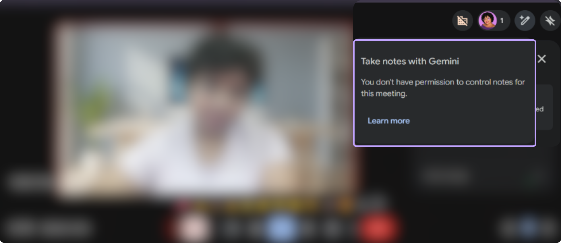 Google Meet's Take notes with Gemini panel showing the permission lockout message "You don't have permission to control notes for this meeting" for guest users in someone else's Workspace