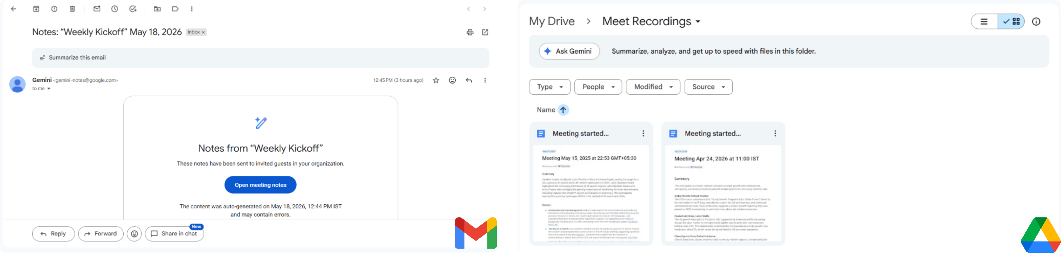 Gmail email from Gemini with an Open meeting notes link for the Weekly Kickoff session, alongside the Meet Recordings folder in Google Drive showing two auto-titled meeting documents