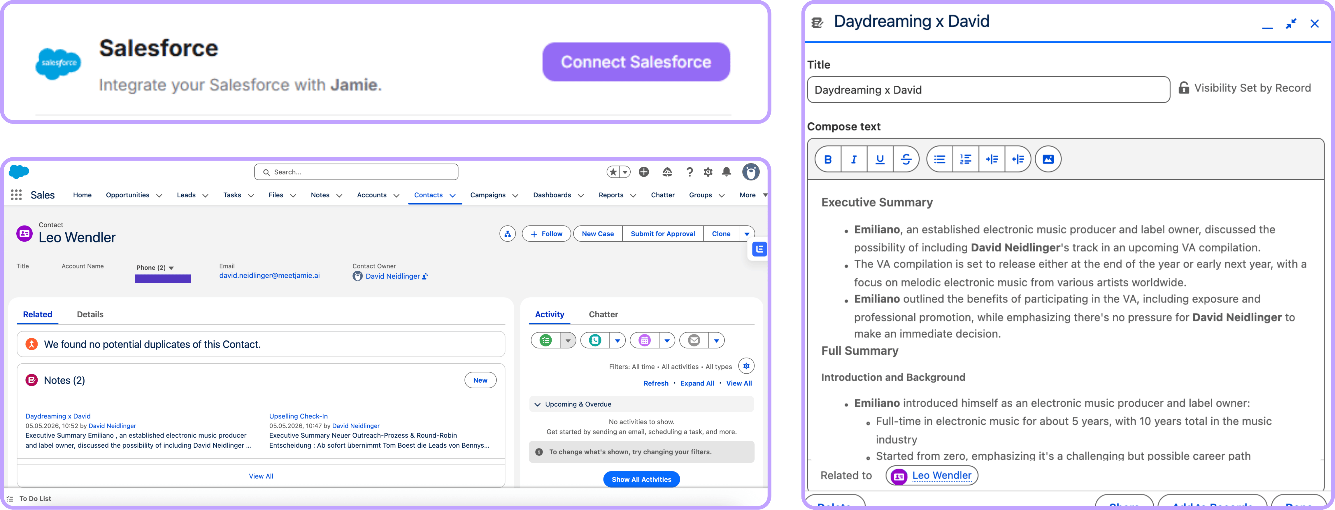 Jamie's Salesforce integration: Connect Salesforce button at top, Leo Wendler's Salesforce contact page with two Jamie meeting notes (Daydreaming x David, Upselling Check-In) synced into the Notes section, plus the Daydreaming x David Executive Summary opened in a detail view