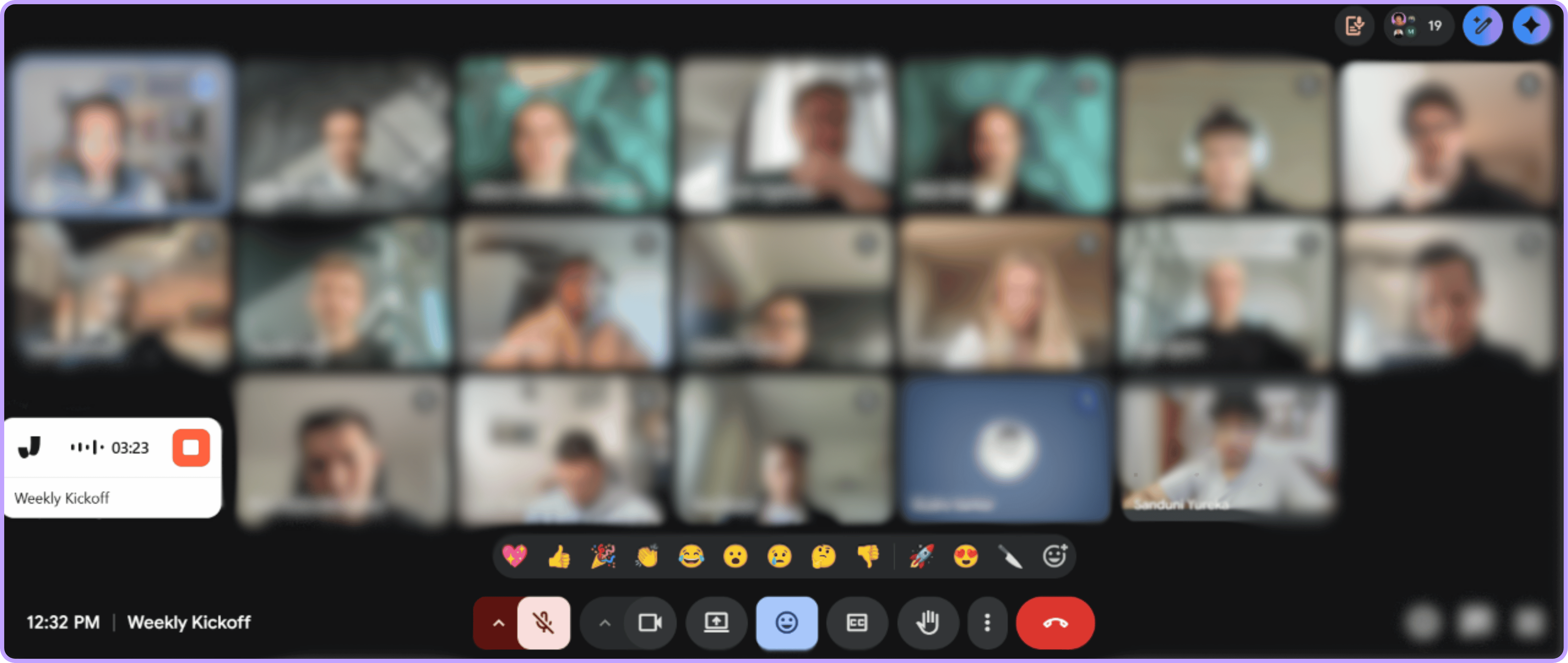Weekly Kickoff Google Meet fully-online test on 18 May 2026: gallery view shows 17 participants each on their own Workspace login from their own laptop, with Jamie recorder running at 03:23