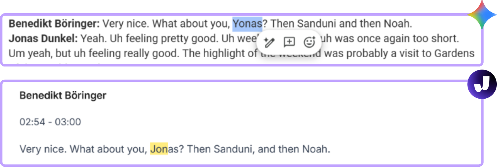 Side-by-side comparison of the same sentence from the Weekly Kickoff test: Gemini's transcript mistranscribes "Jonas" as "Yonas" (top), while Jamie correctly transcribes "Jonas" (bottom)