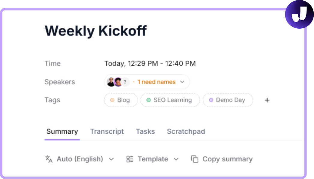 Jamie's Weekly Kickoff meeting interface from the fully-online test: speakers panel shows "1 need names" warning where Jamie missed one of 17 speakers, with tags Blog, SEO Learning, Demo Day