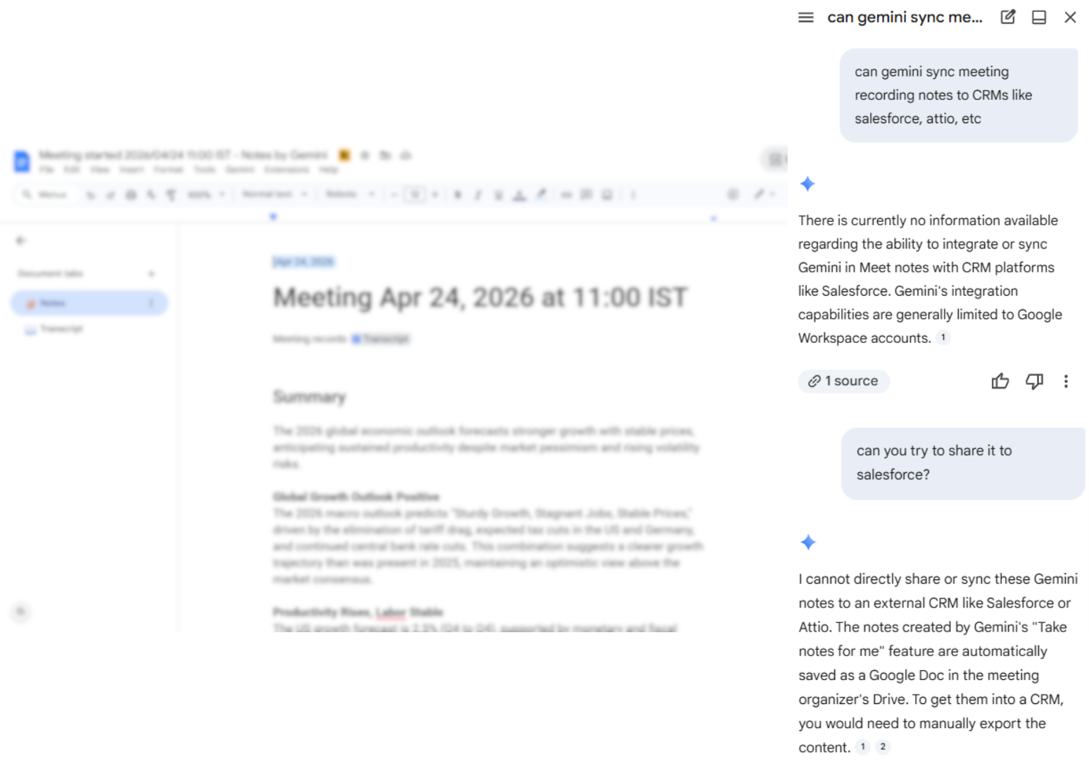 Gemini AI chat panel showing Gemini's own AI confirming it cannot sync meeting notes to CRMs like Salesforce or Attio, only Google Workspace accounts