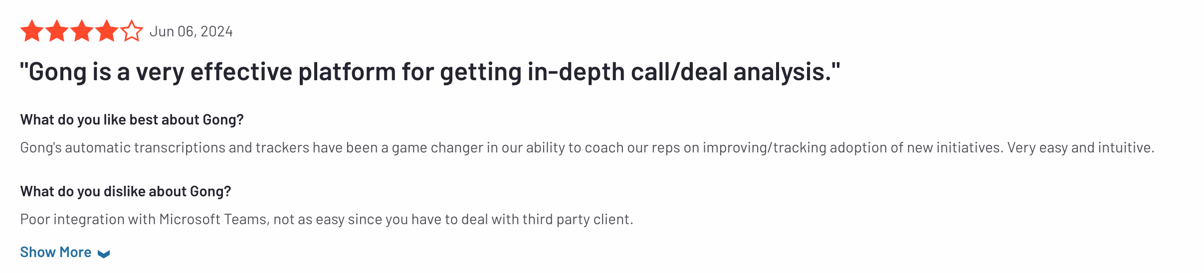 gong ai user review on g2 of sales coaching software