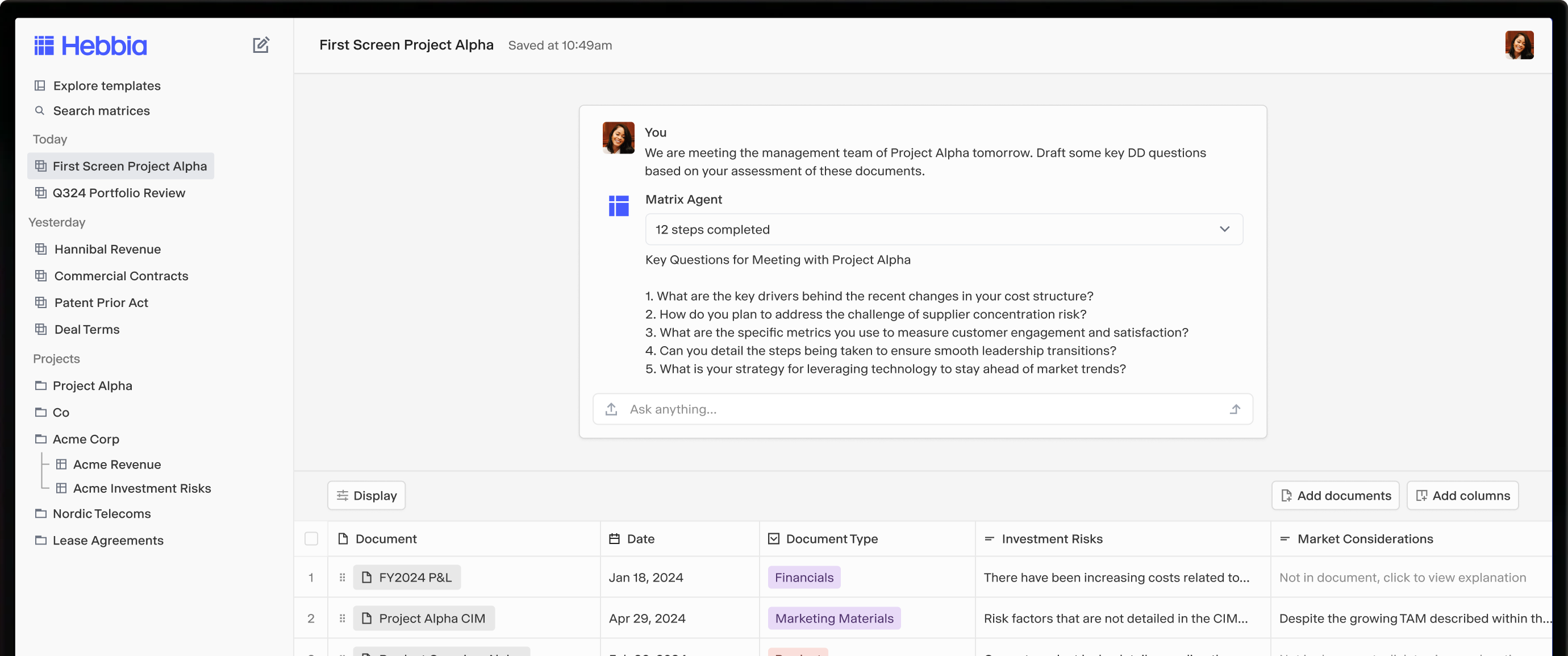 Hebbia Dashboard