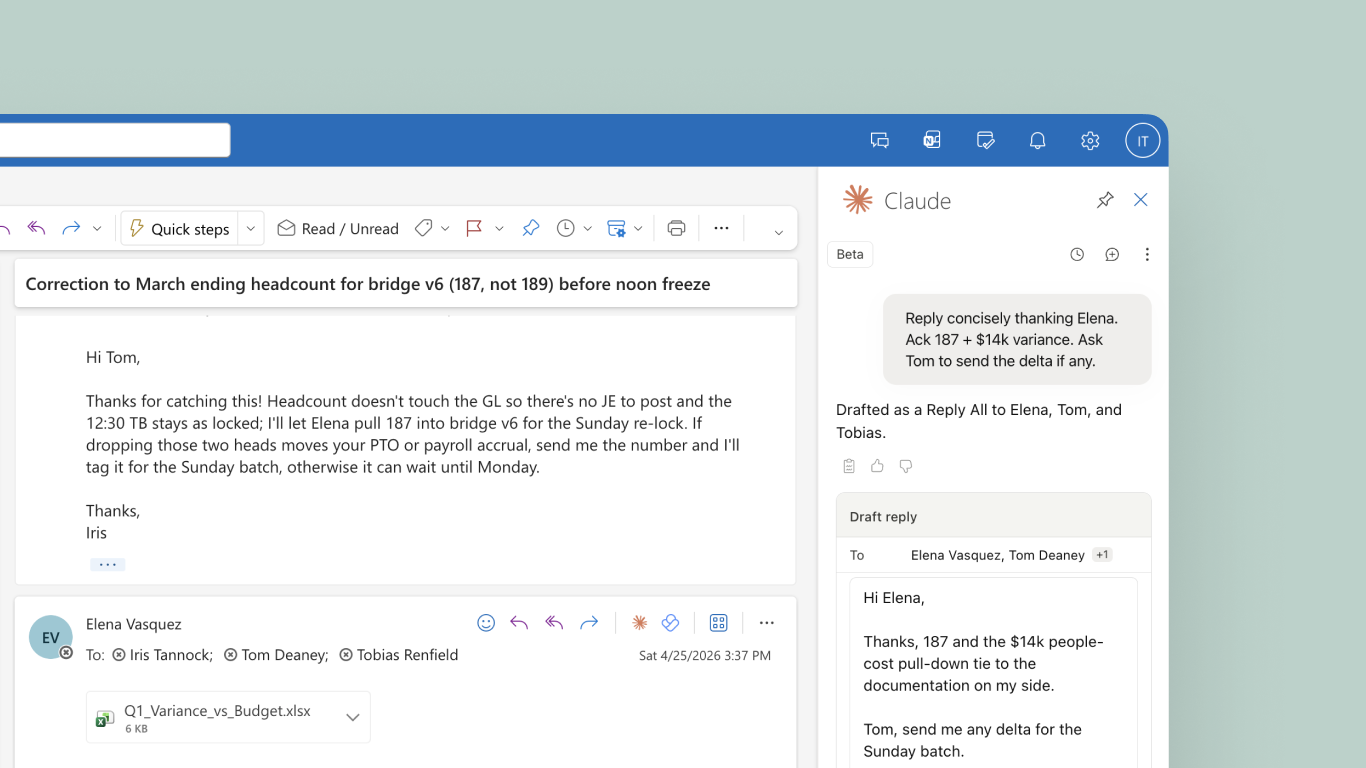 Claude for Outlook AI assistant sidebar interface demonstrating automated email drafting and smart contextual reply generation within an enterprise email client workspace.