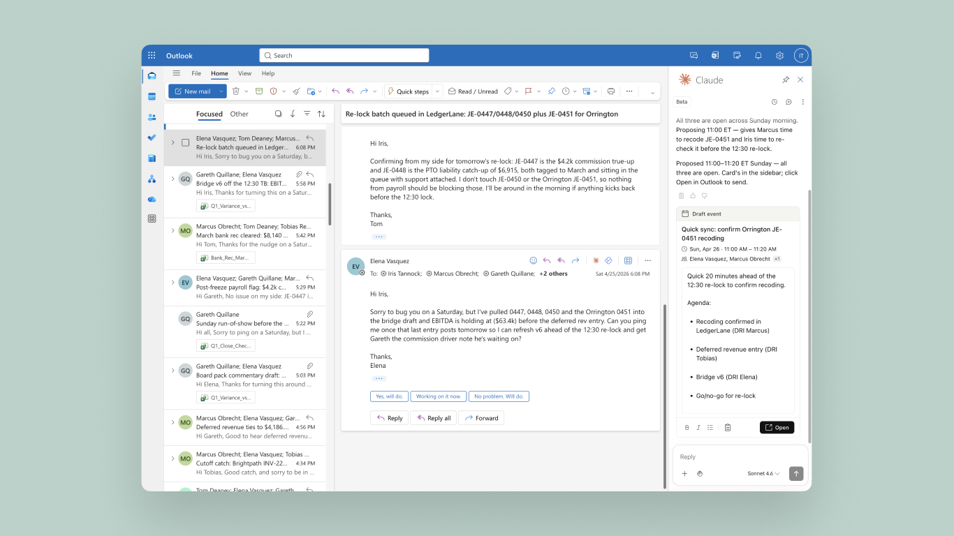 Claude for Outlook AI scheduling interface staging an automated calendar invite and pre-mapping a structured meeting agenda inside the sidebar panel.
