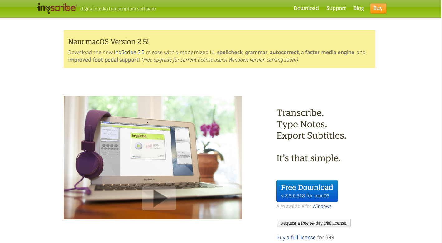 inqscribe free transcription oftware landing page