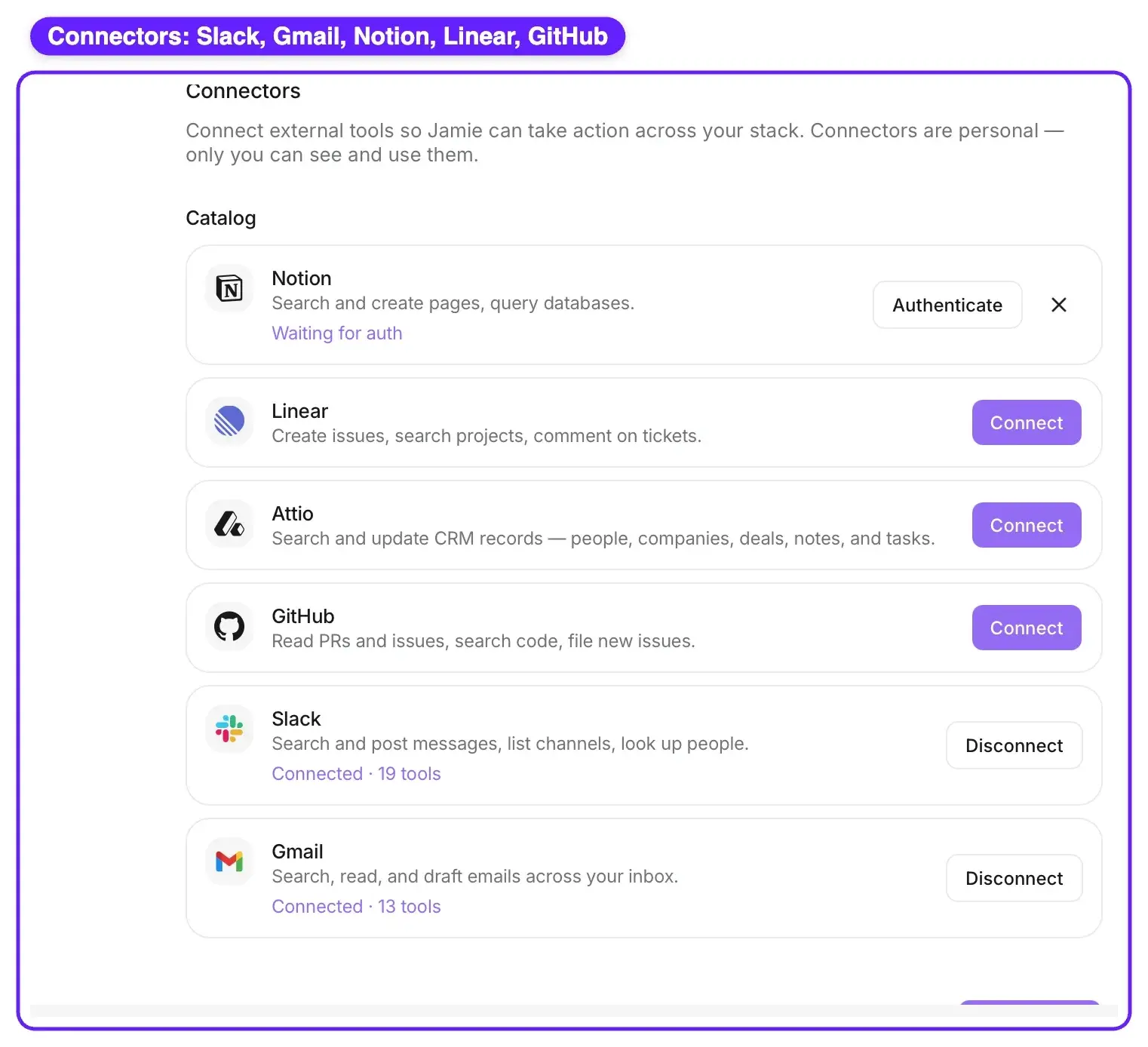Jamie Agent connectors catalog showing Notion, Linear, Attio, GitHub, Slack, and Gmail that Jamie can pull from or post to inside Ask AI.