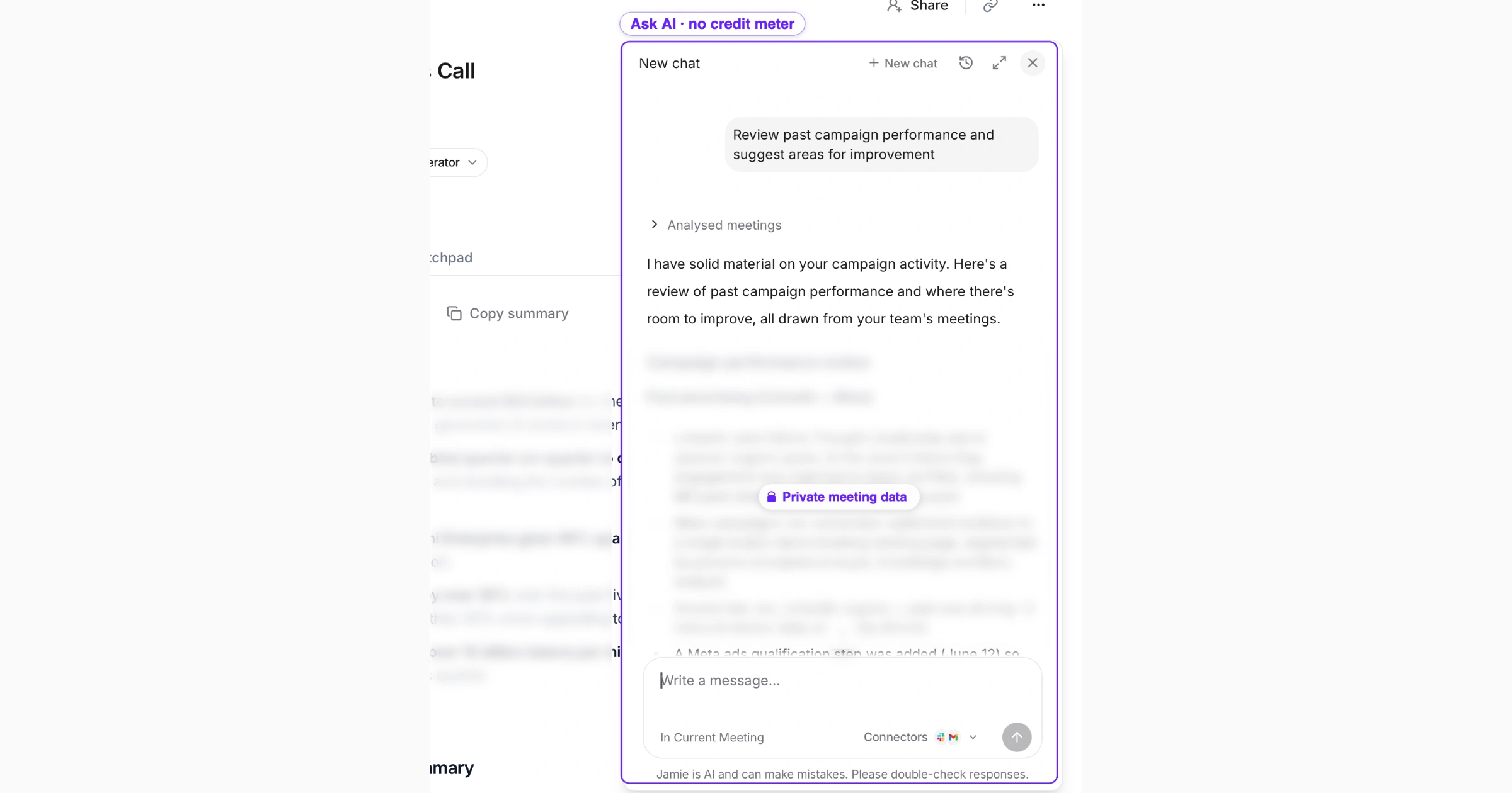 Jamie Ask AI panel drafting a meeting recap and posting it to Slack, with no credit meter shown anywhere in the interface.