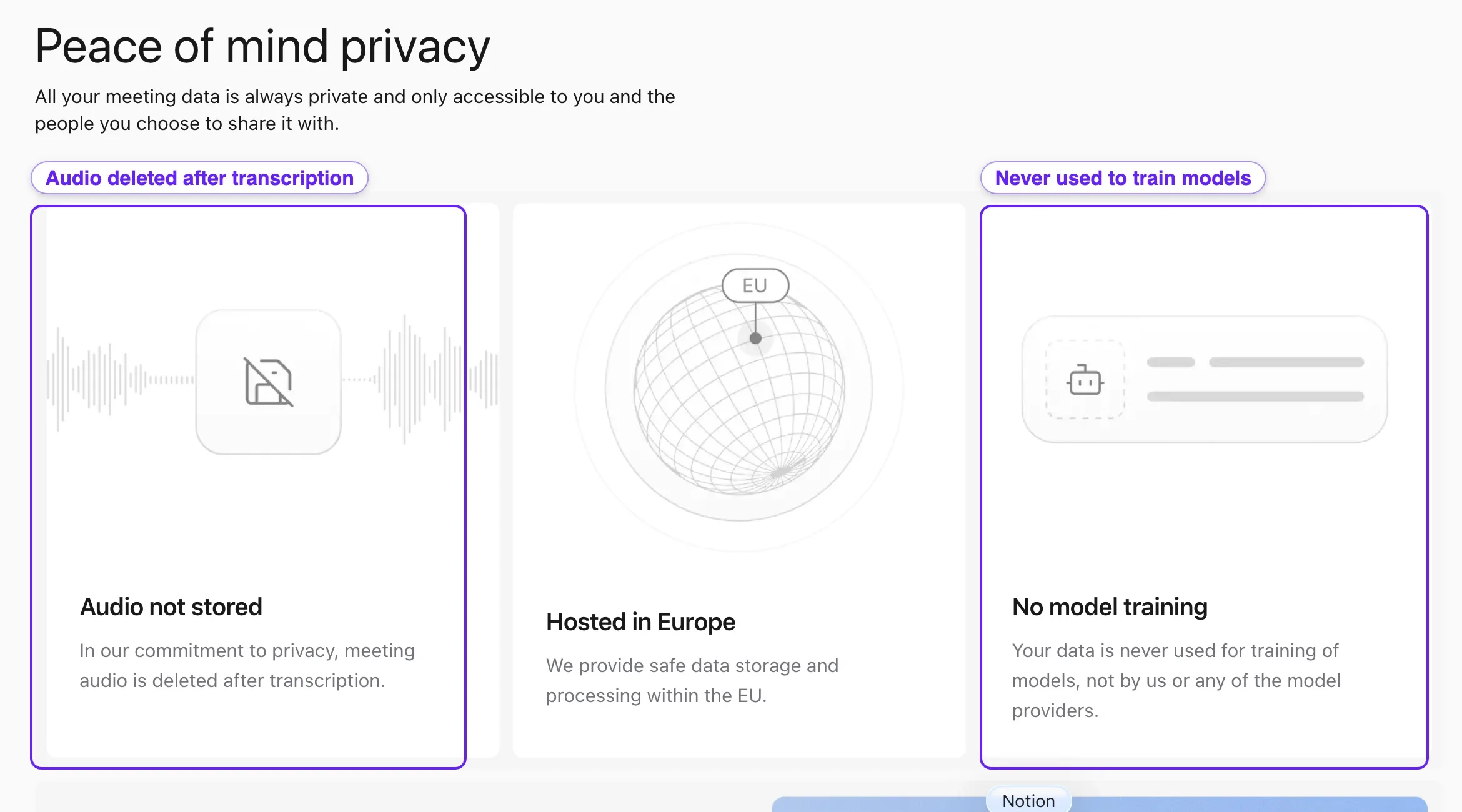 Jamie privacy section showing meeting audio is deleted after transcription and that your data is never used for training of models, by Jamie or its model providers.