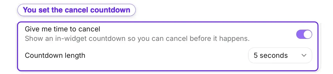 Jamie desktop app Meeting Automation setting with a Give me time to cancel toggle and a countdown length you can set before recording starts.