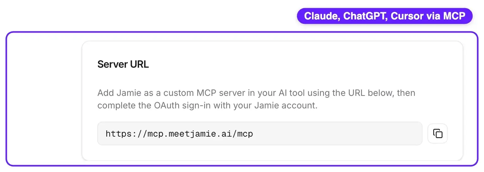 Jamie MCP integration page with a server URL and supported tools including Claude, ChatGPT, Gemini, Cursor, and Perplexity.