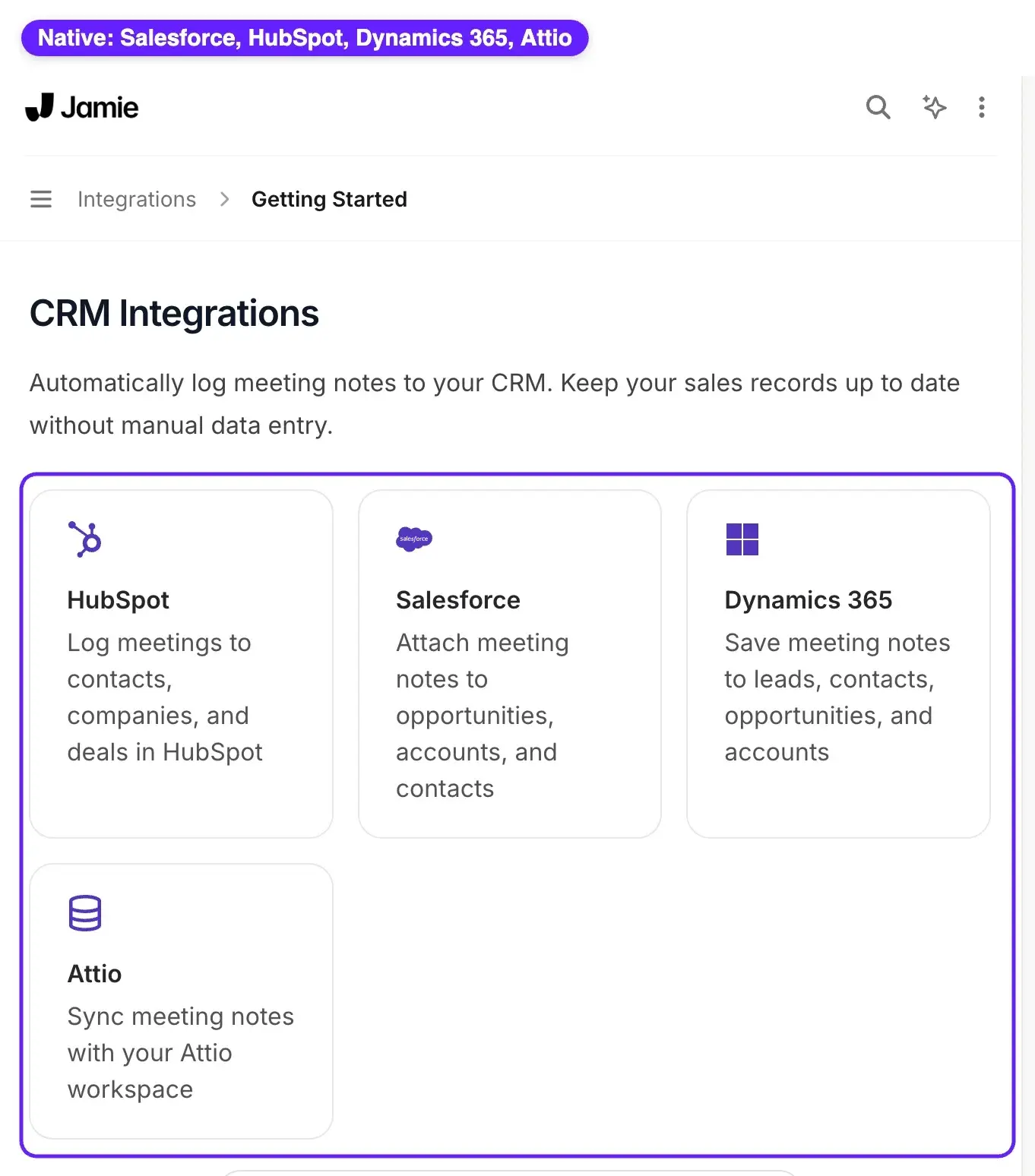 Jamie CRM integrations page showing native connectors for HubSpot, Salesforce, Dynamics 365, and Attio to log meeting notes automatically.