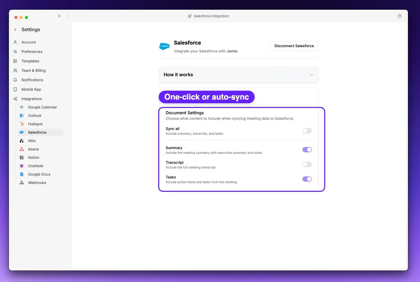 Jamie Salesforce integration settings showing a connected account with document sync toggles for summary, transcript, and tasks, at no credit cost.