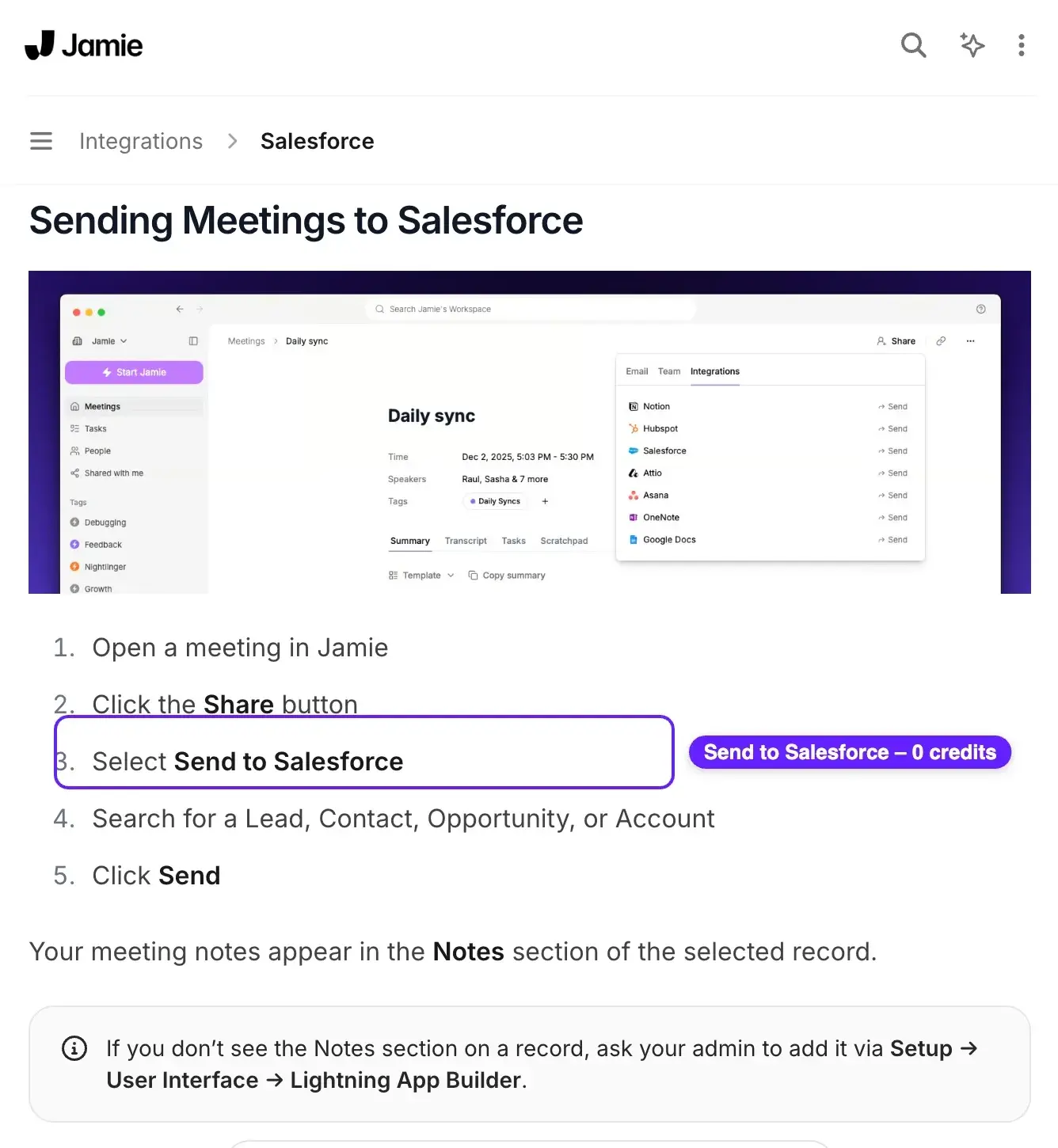 Jamie documentation showing the steps to send a meeting to Salesforce by clicking Share and Send to Salesforce, with no credit cost.