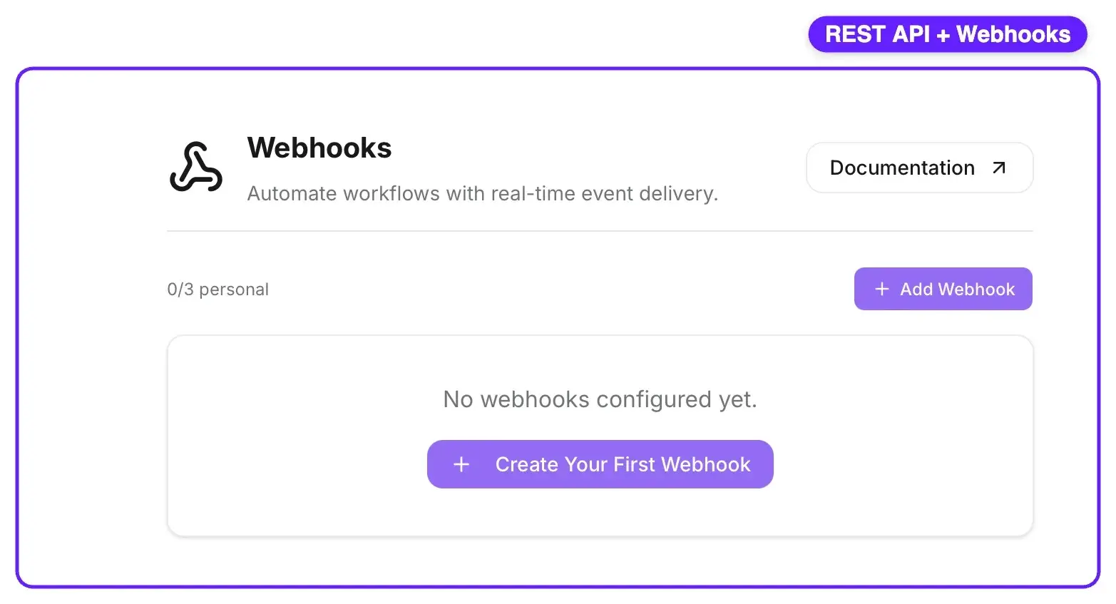 Jamie Webhooks settings for automating workflows with real-time event delivery, part of Jamie's REST API and developer tools.
