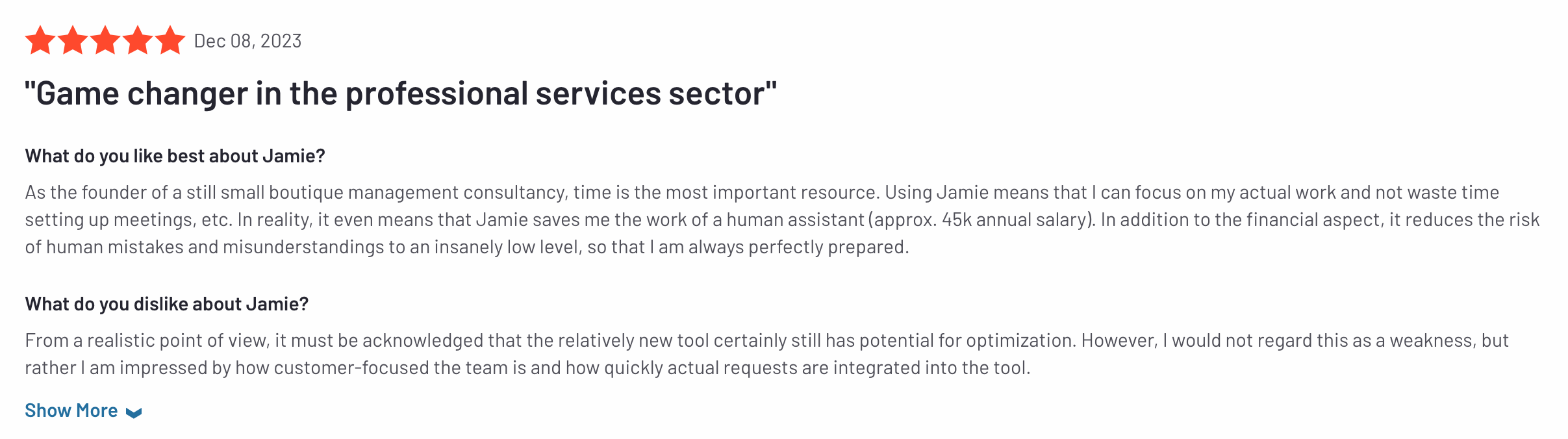 jamie user review on g2 of sales coaching software