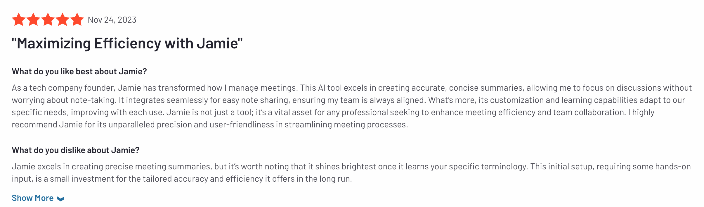 jamie user review on g2 of sales coaching software