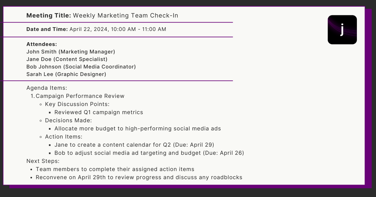 marketing recap example meeting recap email