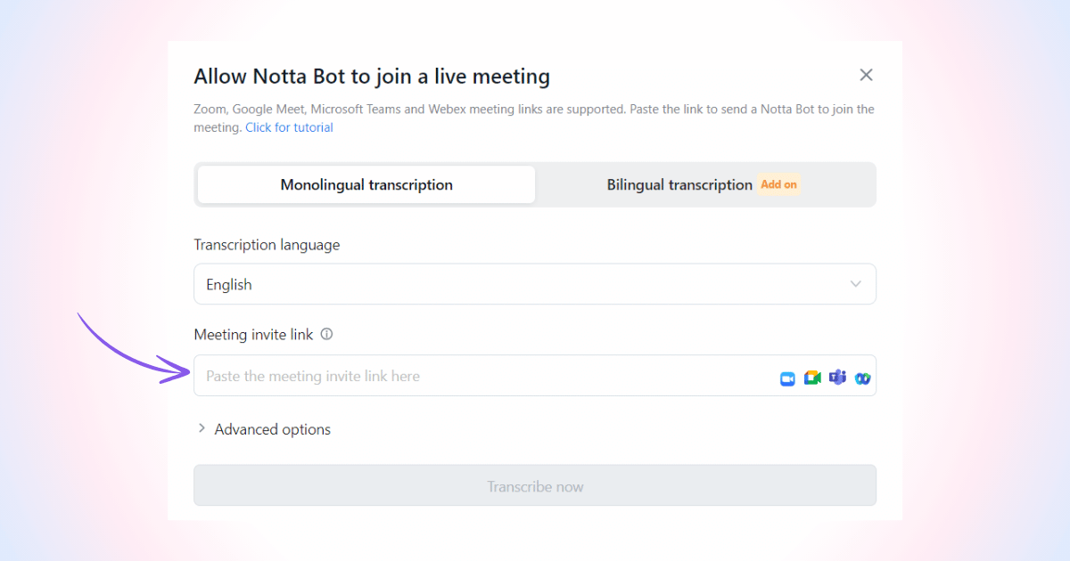 meeting link adding section in notta