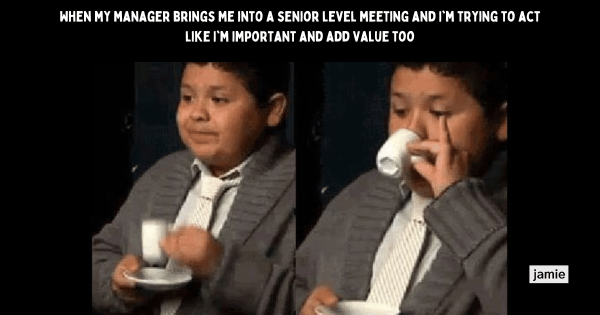 meeting meme: When my manager brings me into a senior level meeting and I'm trying to act like I'm important and add value too