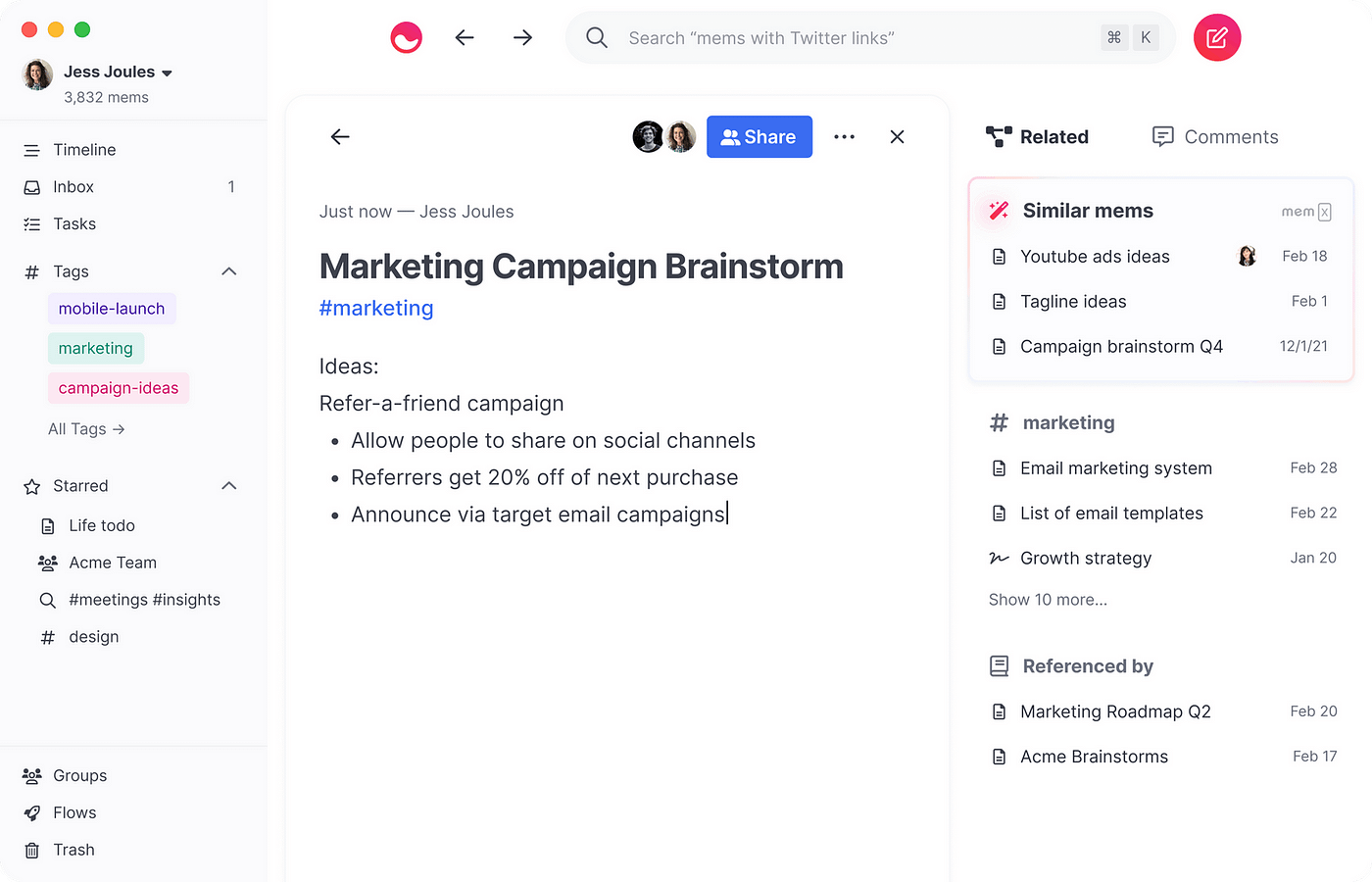 mem ai note management person icon with workflow bullet points