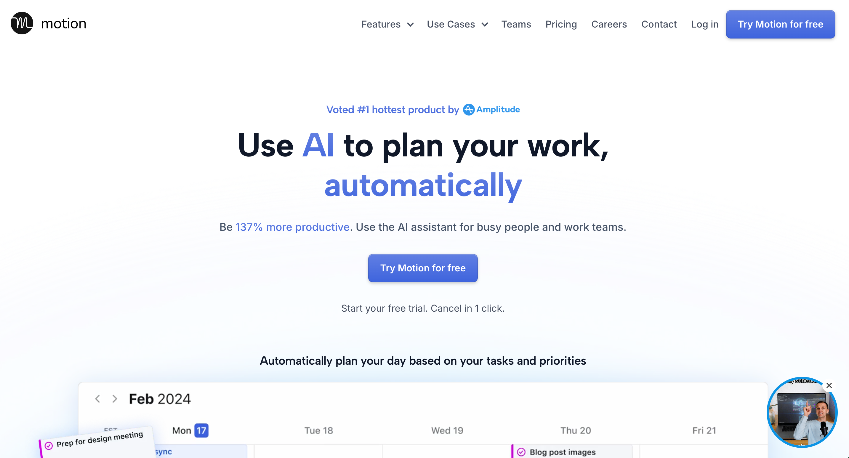 motion landing page, one of the best ai project management tools