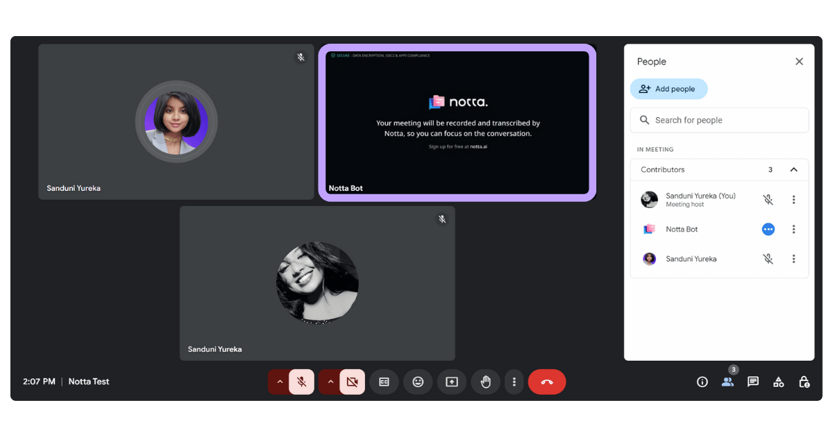 notta bot recording screen