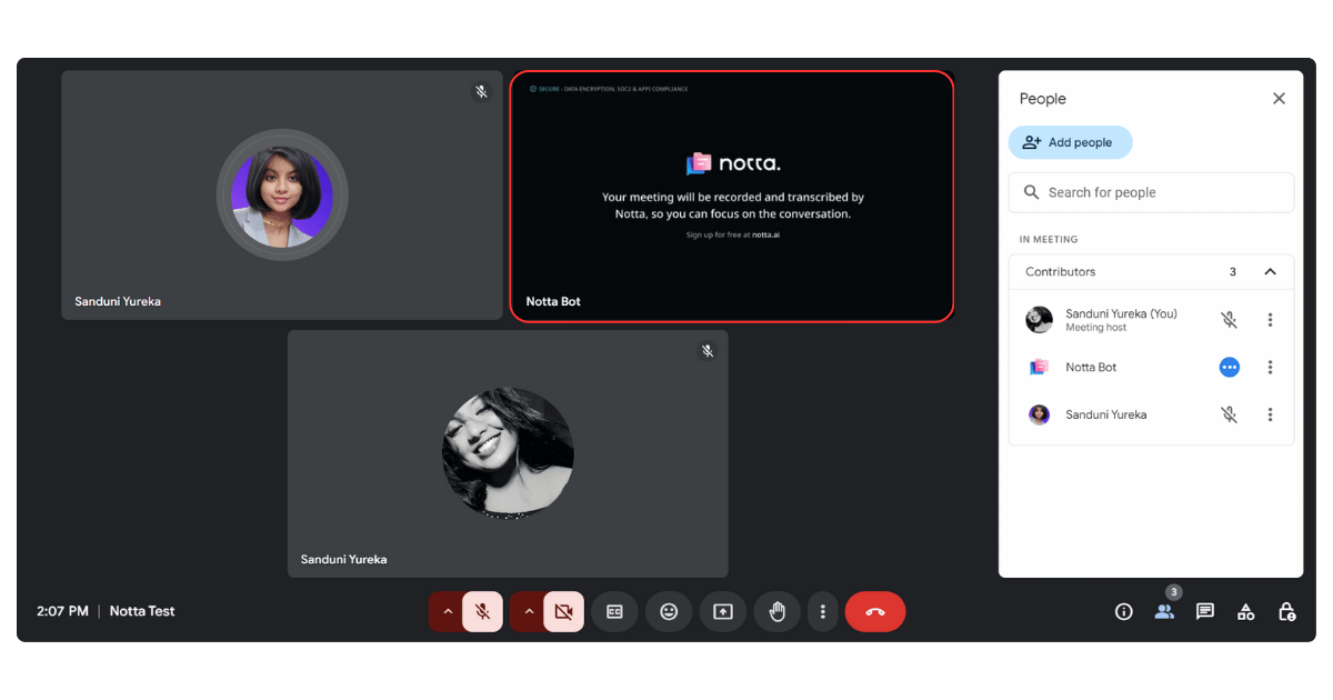 notta bot's broadcasting screen is being shown, stating "your meeting will be recorded and transcribed by Notta, so you can focus on the conversation"