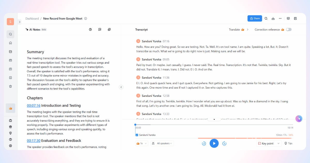 notta's meeting summary , transcript and audio dashboard after a meeting ends