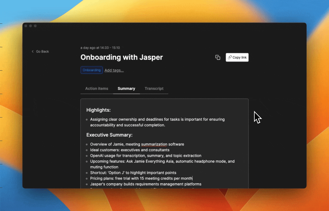 overview of notes of AI meeting assistant jamie