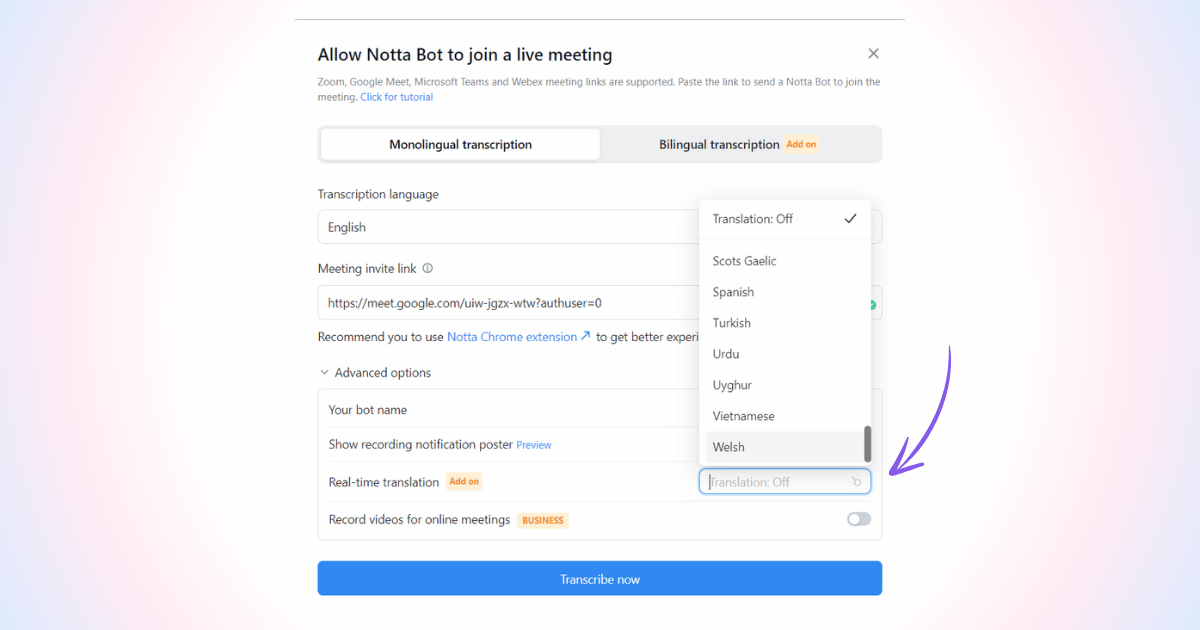 real time translation option toggle on or off in notta