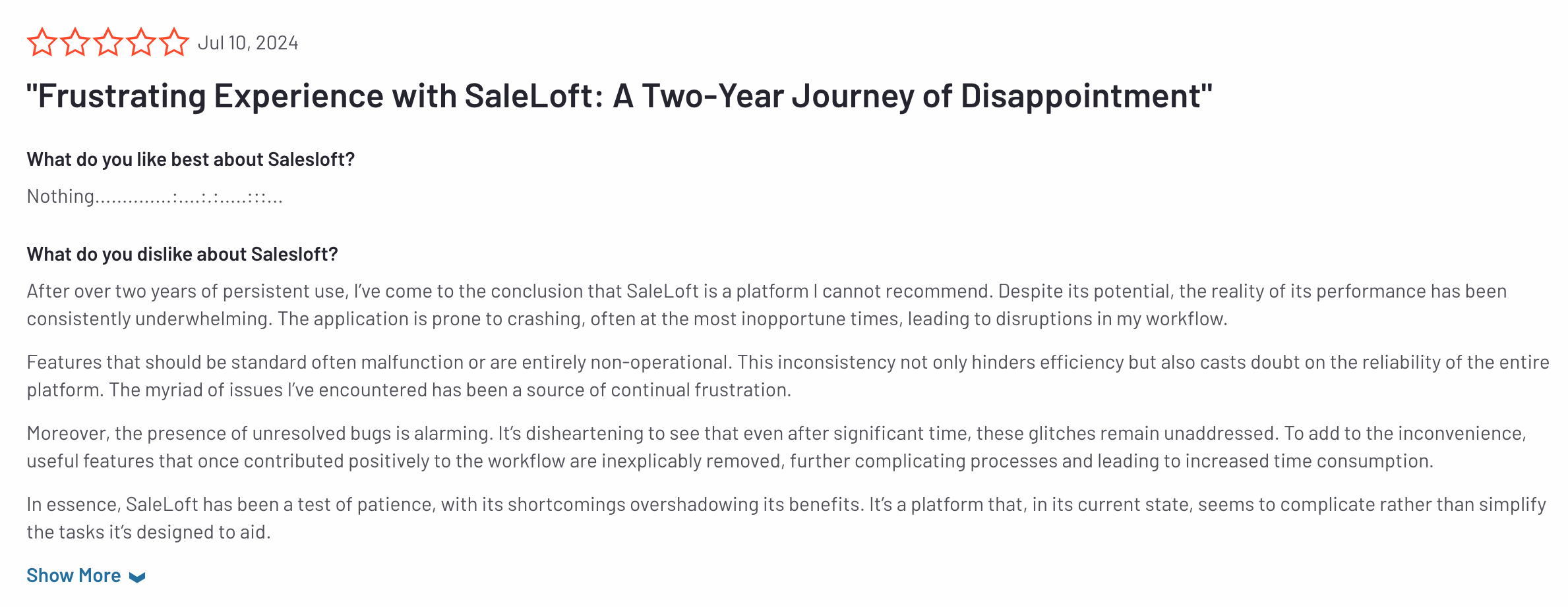 salesloft user review on g2 of sales coaching software
