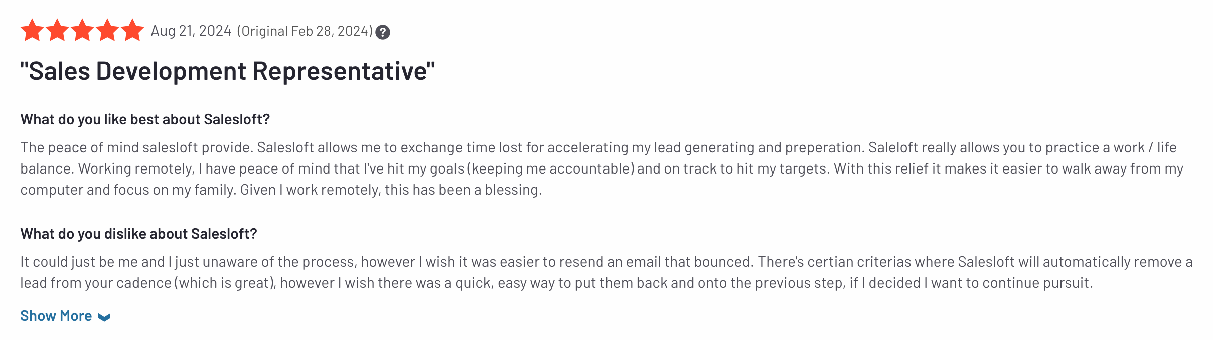 salesloft user review on g2 of sales coaching software