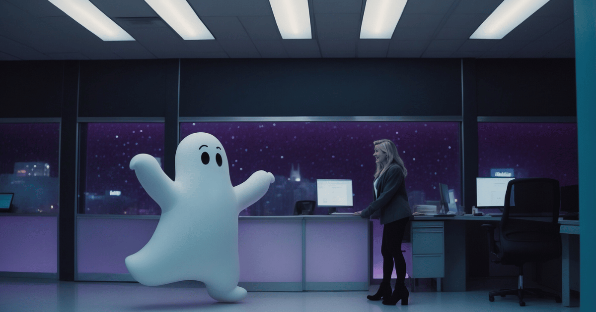scared employee wearing professional purple office suit, running away