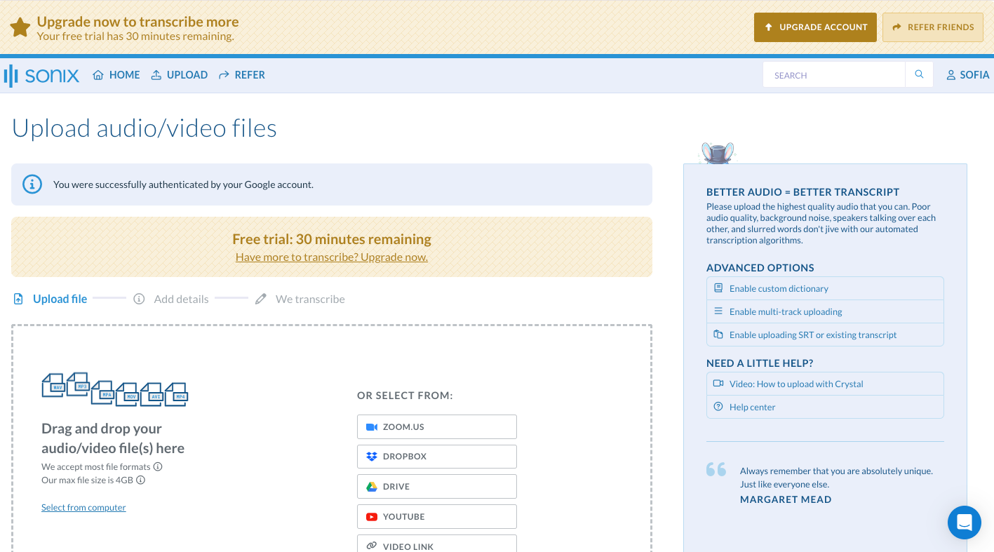 sonix free transcription software dashboard