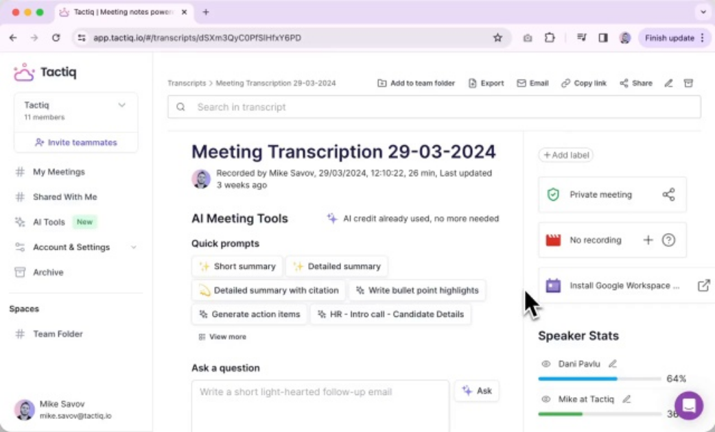 tactiq dashboard